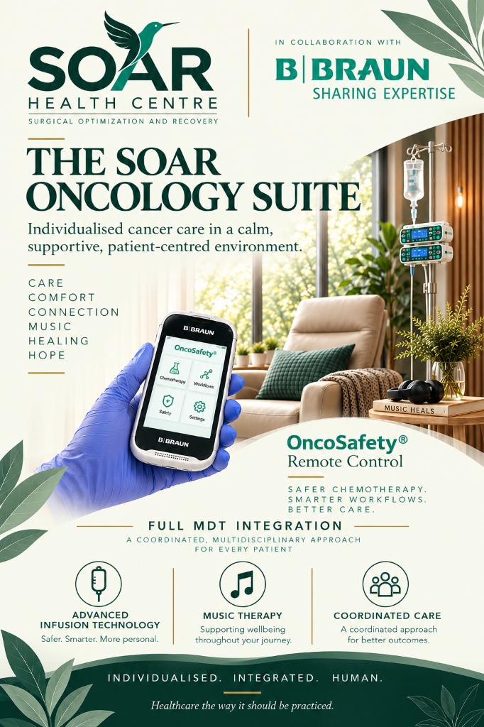 Poster announcing the planned SOAR Oncology Suite in collaboration with B. Braun and OncoSafety